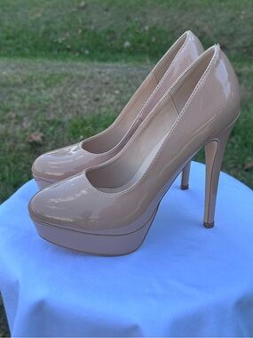 Ladies Nude Patent Platform High Heel Pumps - Women Shoes